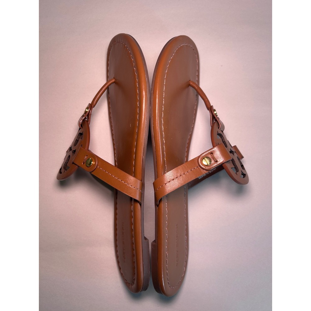 Tory Burch Miller Cloud Tan Leather Thong Sandals Gold Logo 8.5 14020 - Picture 4 of 7